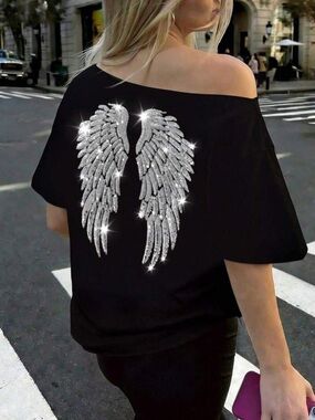 Sequin Embroidered Angel Wings Asymmetrical Shoulder Loose T-Shirt